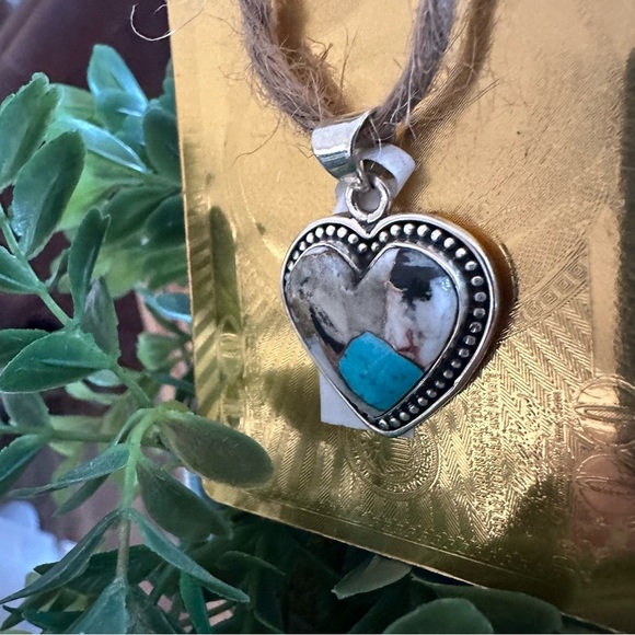 NWT Heart-Shaped Sterling Silver 925 Pendant with Turquoise and Marble Matrix - Picture 5 of 10